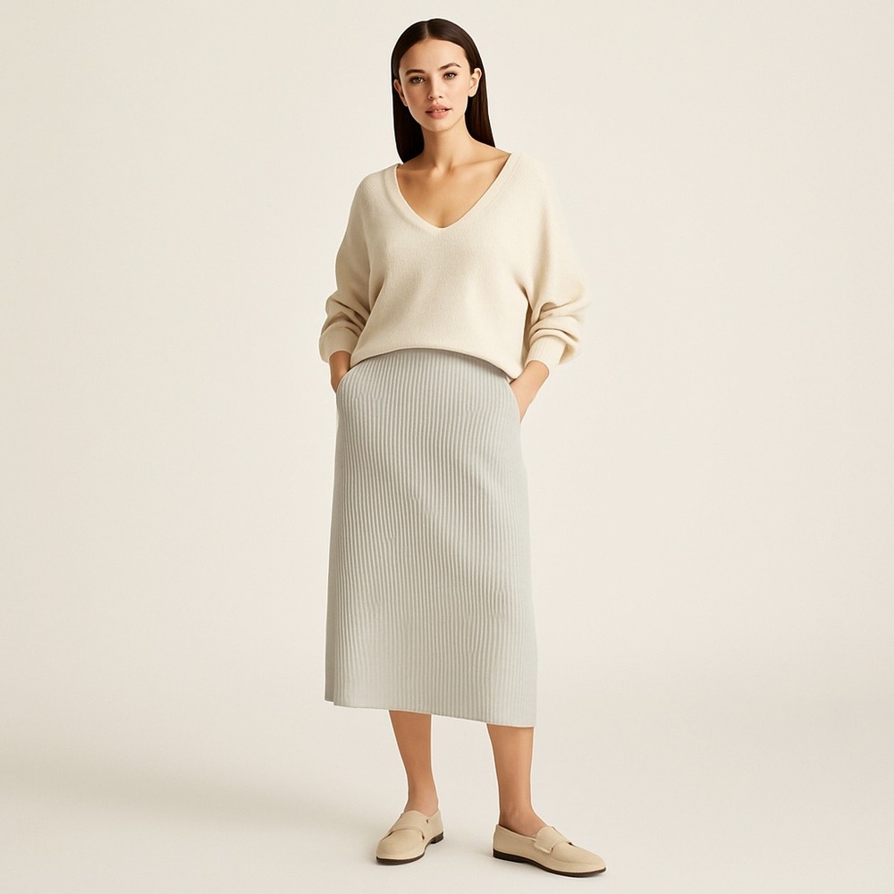 Eileen Fisher Silk & Organic Ribbed Cotton Knit Knee Length Pencil Skirt Large